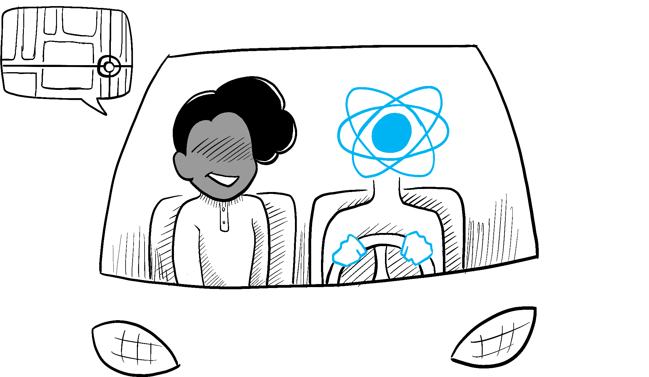 Dans une voiture conduite par React, un passager demande à être emmené à un endroit spécifique sur la carte. React détermine comment y aller.